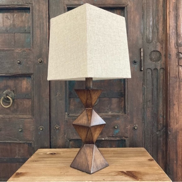 Rustic Bohemian Lamp Geometric Base with Linen Shade NWT Bedside Lamp - Picture 4 of 15